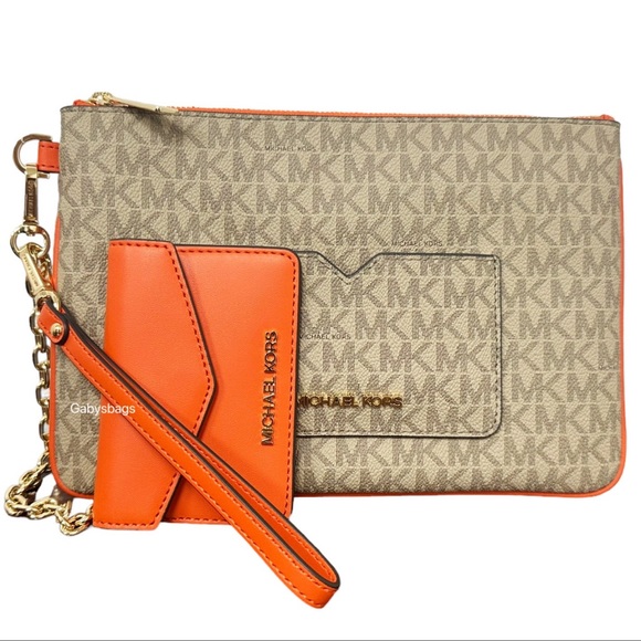 Michael Kors Jet Set Large 2 In 1 Card Case Wristlet Clutch Poppy Orange MK - Picture 4 of 6